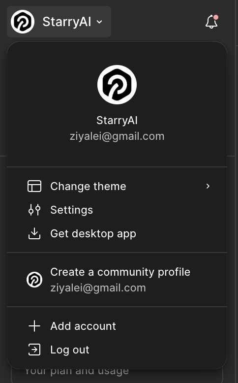 Figma's account menu open, listing Settings above Add account and Log out.
