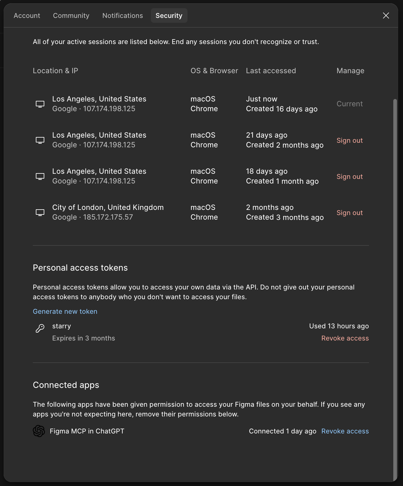 Figma Settings → Security, showing the Personal access tokens section with a Generate new token link and an existing token.