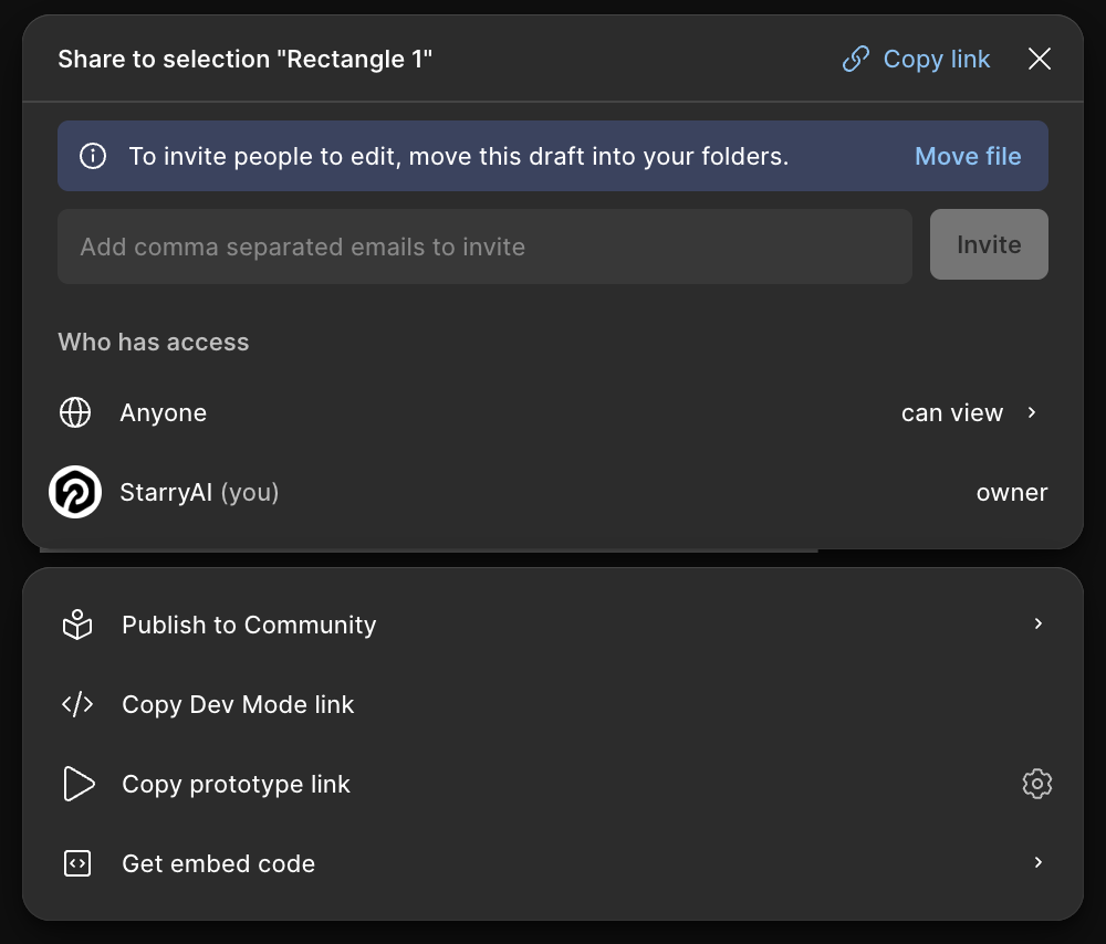 Figma's Share dialog open, with Copy link at the top-right and the file's access list below.