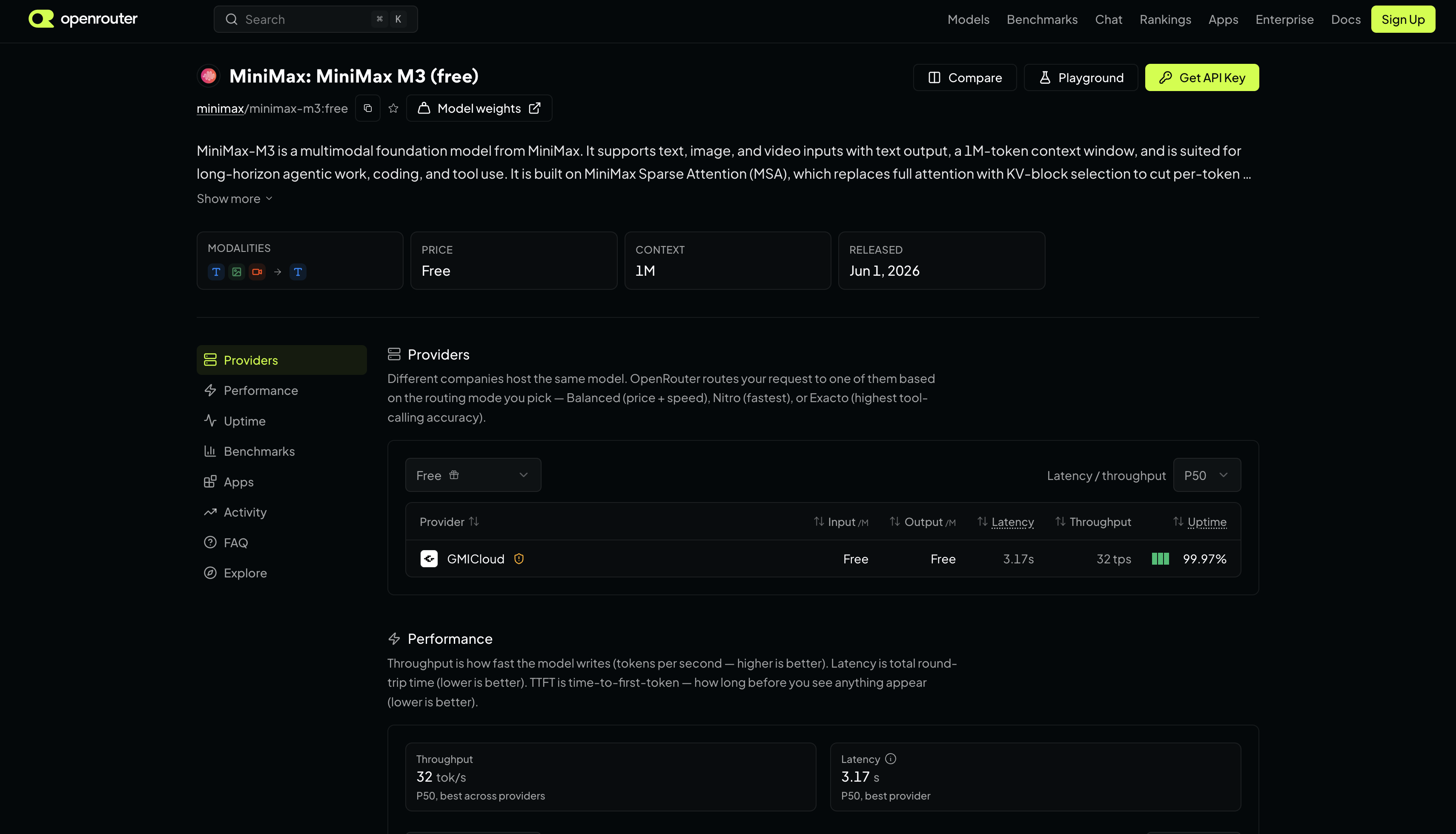 OpenRouter model page showing a free model with pricing and provider details