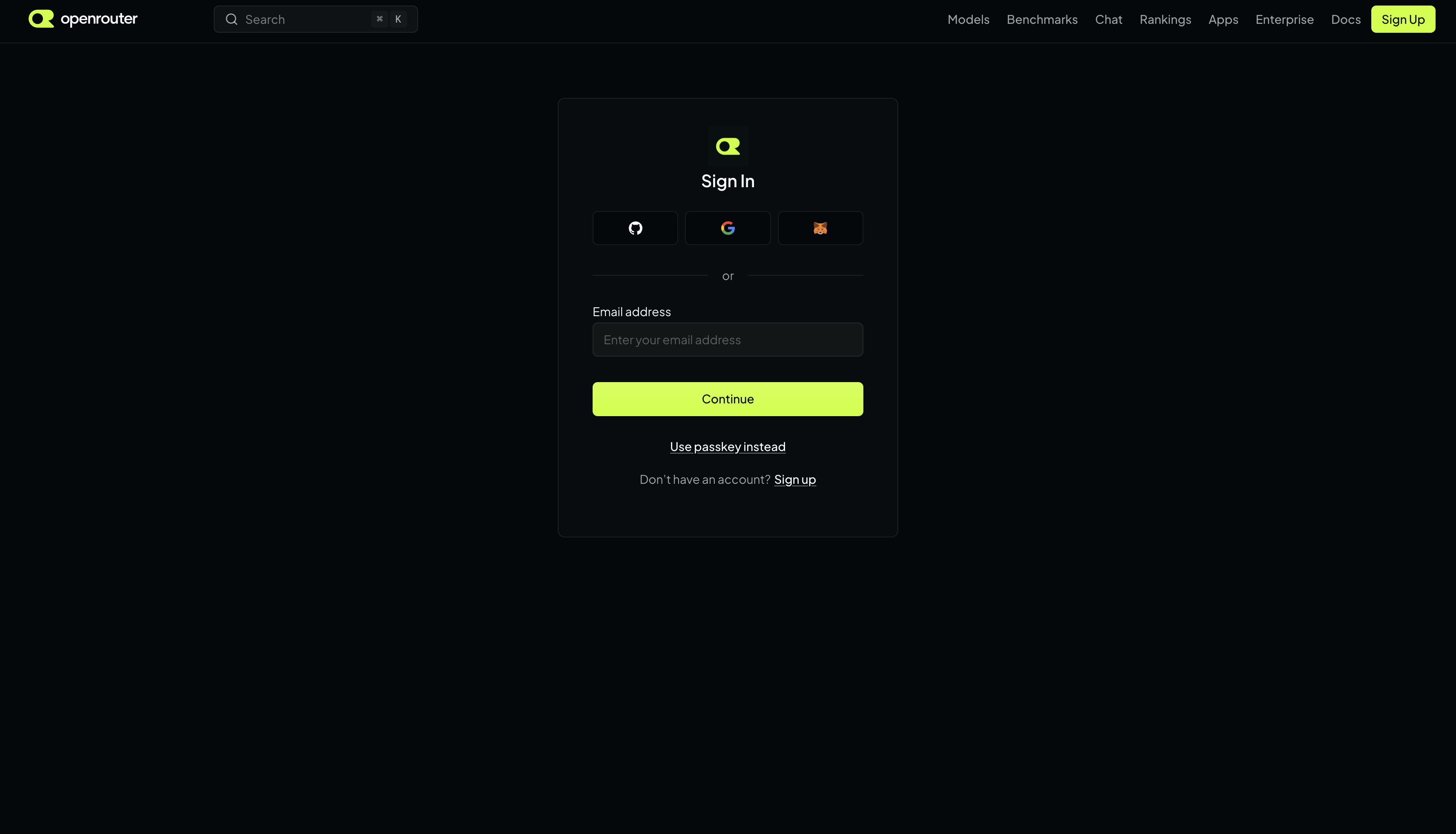 OpenRouter sign-in page with Google, GitHub, Discord, and email options